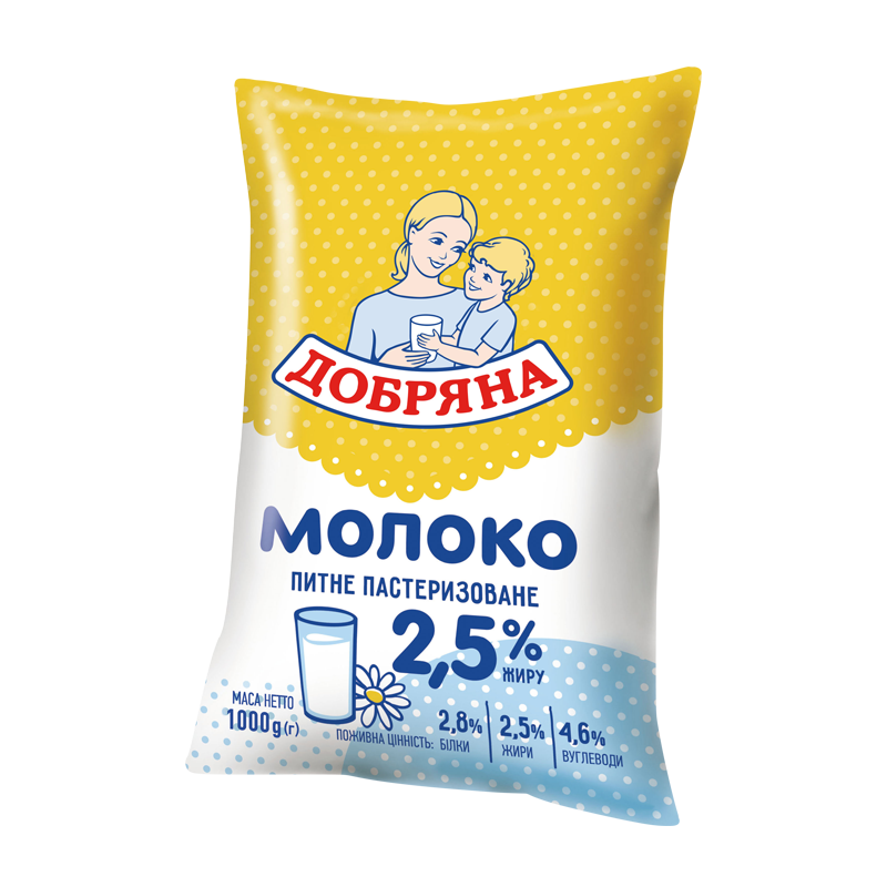 Молоко коров'яче ДОБРЯНА, пастеризоване, 2,5%, 1000г
